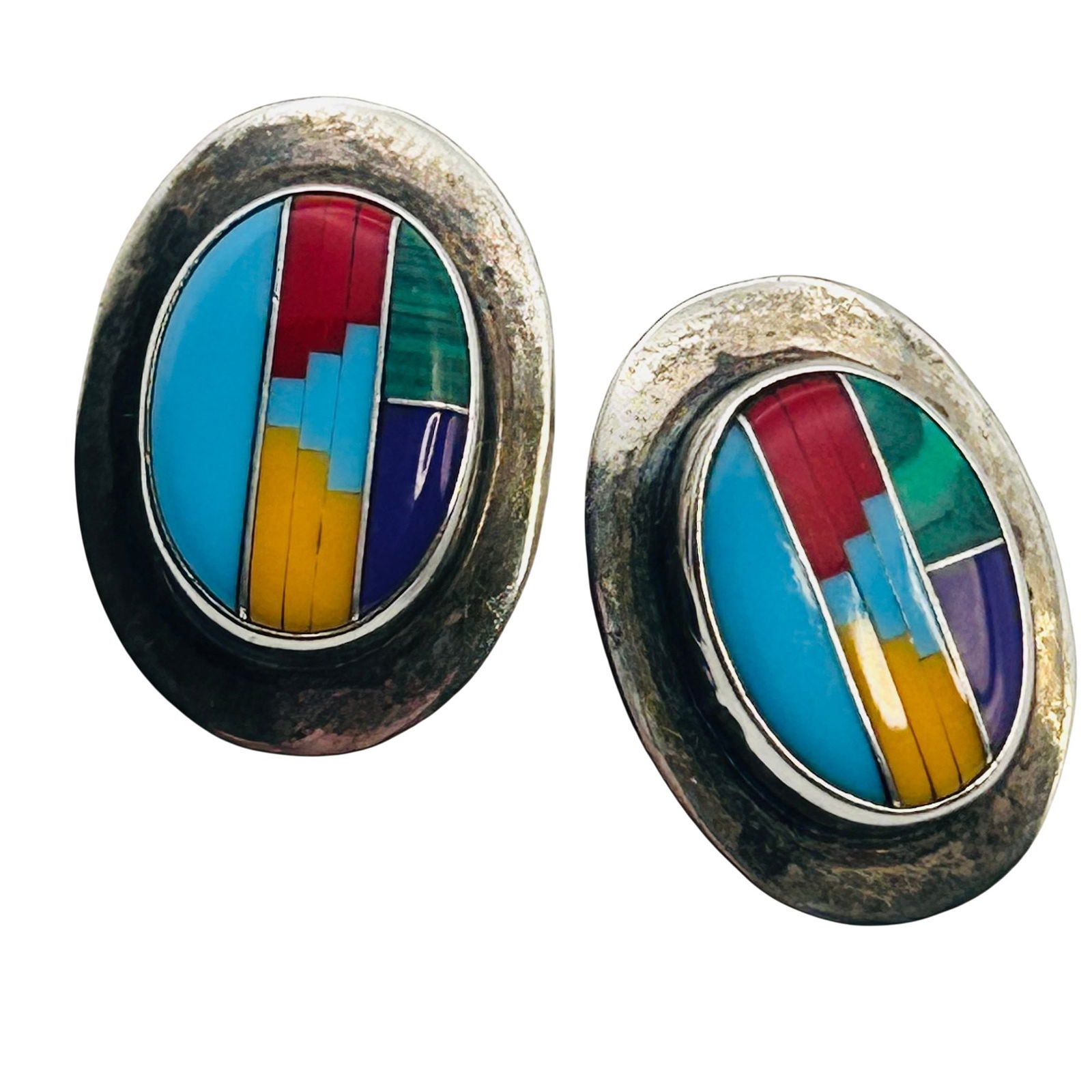 Zuni Signed SE Sterling Oval Earrings, Turquoise Coral Inlay Stone 4.12 G (1 of 5)