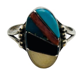 Navajo Sterling Inlay Stone Turquoise Coral Mother Of Pearl Ring Size 7, 2.46 G
