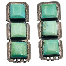 Navajo Signed JS? Turquoise Sterling Rectangular Clip On Earrings 17.36 G.