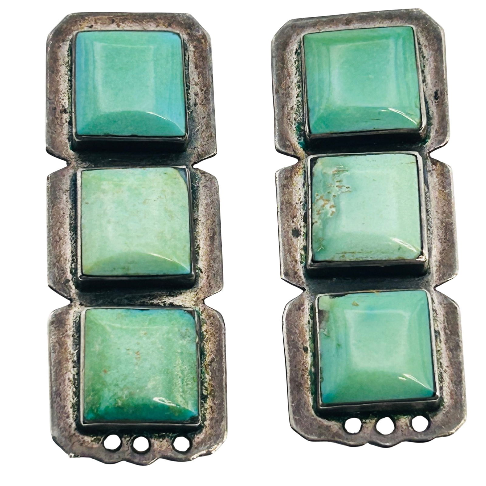 Navajo Signed JS? Turquoise Sterling Rectangular Clip On Earrings 17.36 G. (1 of 8)