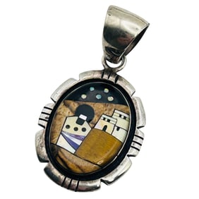 Navajo Signed S SterlingPueblo Scene Pendant 4.31 G