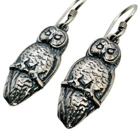 Native Signed COV 1990 Sterling Owl Earrings 5.17 G
