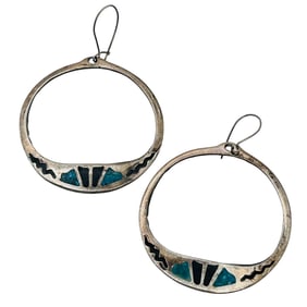 SW. Sterling Open Circle Inlay Stone Dangle Earrings 7.71 G
