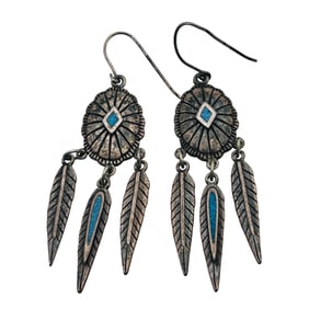 Southwest Sterling Turquoise Feather Dangle Earrings 13.2 G
