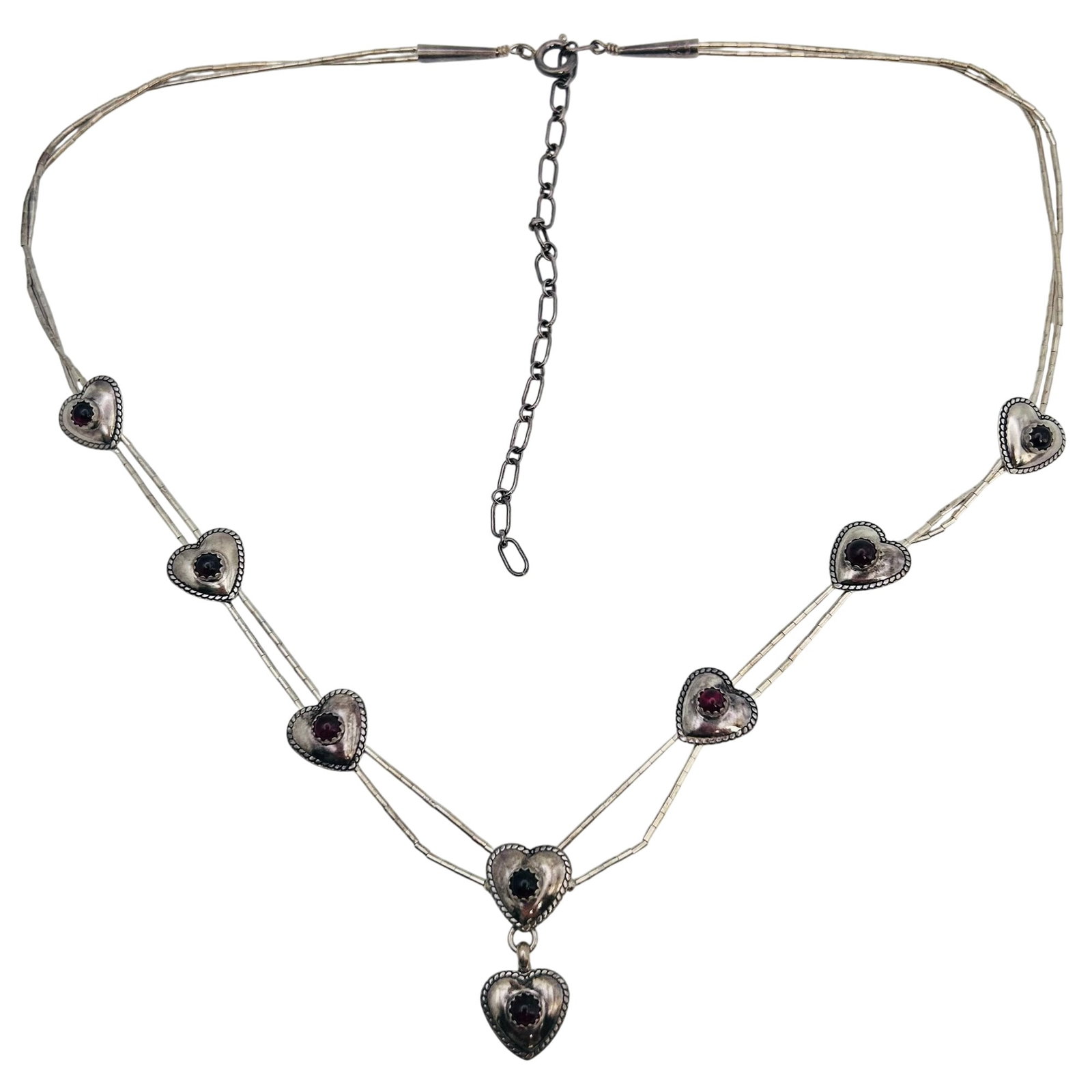 Quoc Trading Southwest Sterling Bead And Heart Necklace 18 Inch With 4 Inch Adjustable Chain 10.9 G: Quoc Trading Southwest Sterling Bead and heart necklace 18 inch with 4 inch adjustable chain 10.9 g, signed QT