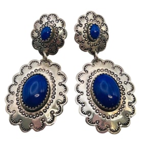 Native American Lapis Lazuli Sterling Flower Etched Dangle Earrings 10.06 G