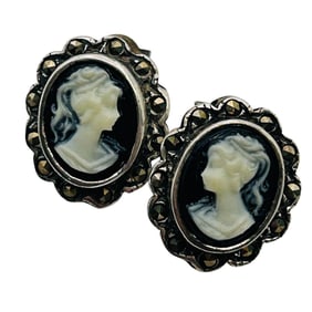 MARCASITE Carved Cameo Sterling Stud Earrings 3.64 G