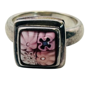 Murano Glass Flower Sterling Ring Size 8, 9.51 G.
