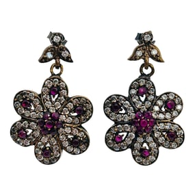 Pink Topaz, Rhinestone Surround Sterling Flower Dangle Earrings, 13.55 G