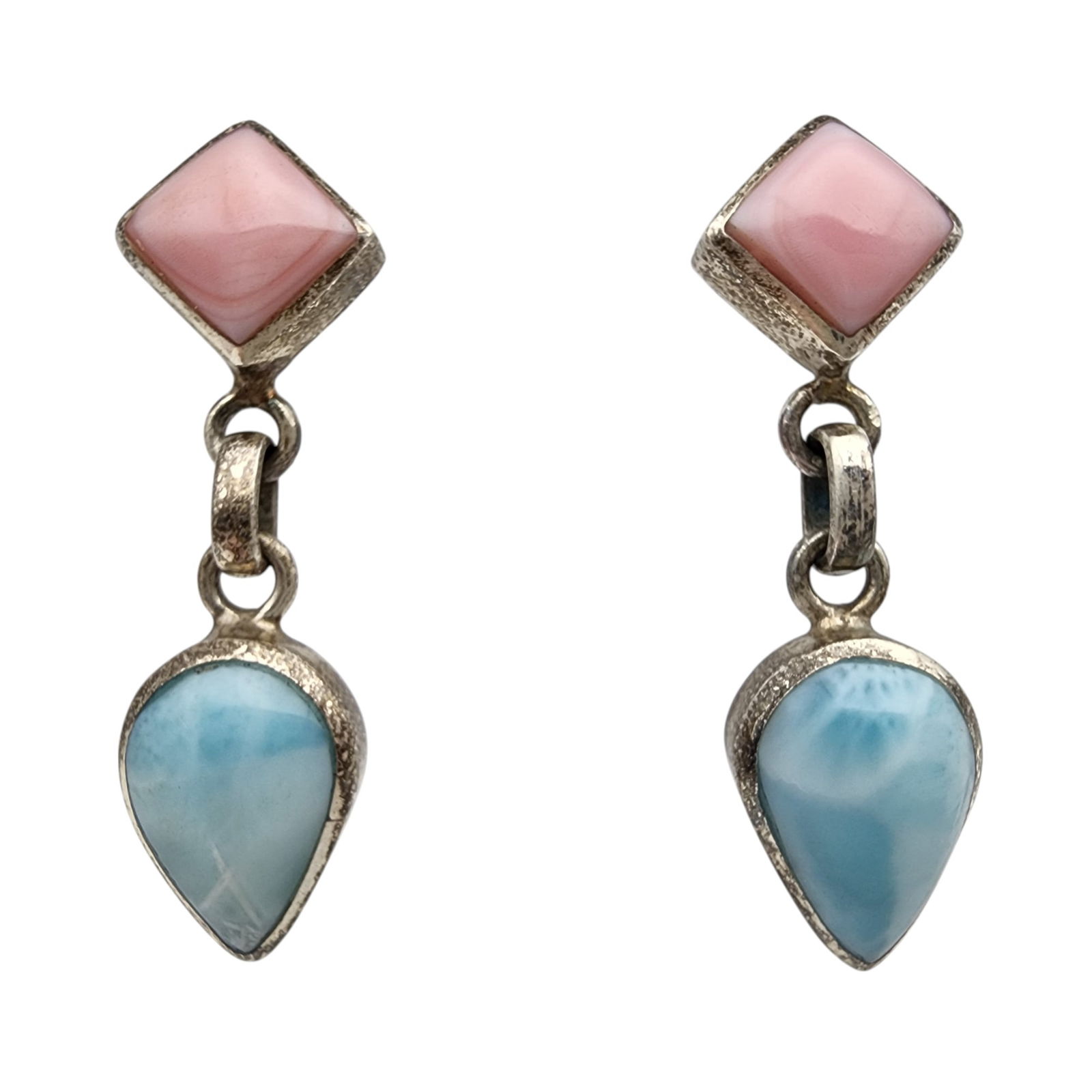 Sterling Silver Larimar and Pink Opal Drop Earrings: Sterling Silver Larimar and Pink Opal Drop Earrings, 9g