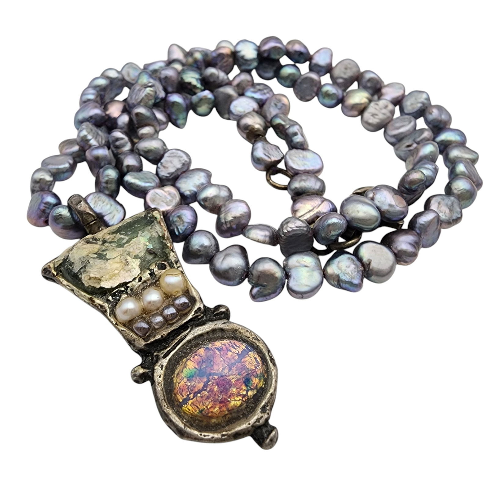 Signed Designer Sterling Opal, Roman Glass & Peacock Pearl Necklace (1 of 7)