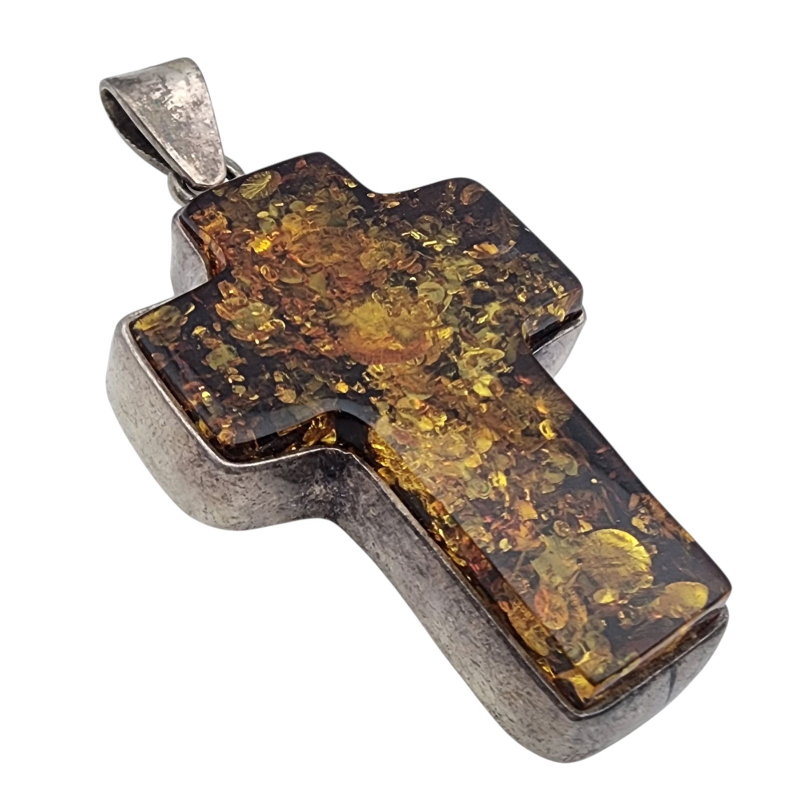 Vintage Sterling Amber Cross Pendant: Vintage Sterling Amber Cross Pendant, 18.6g