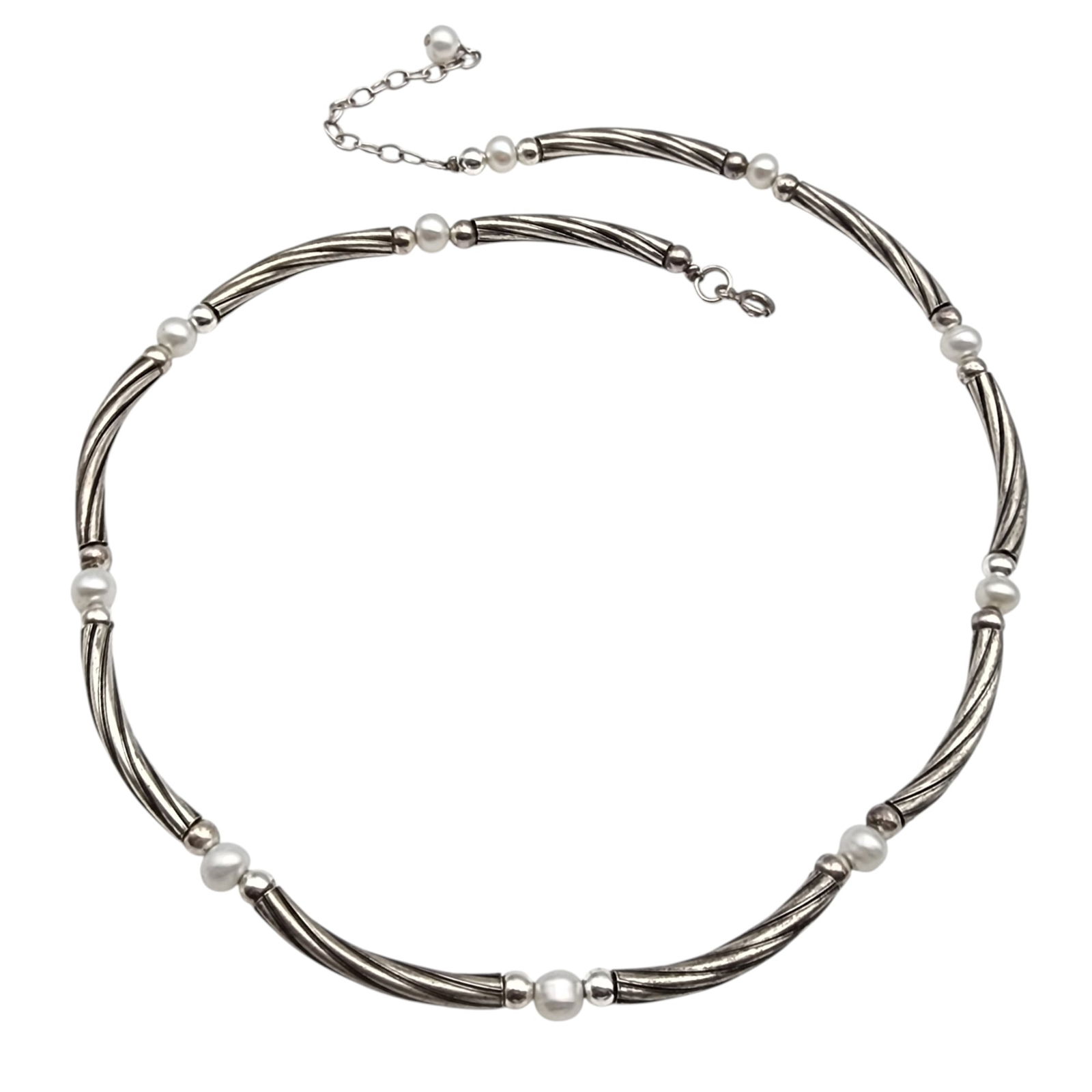 Sterling Silver Twist Pearl Necklace: Sterling Silver Twist Pearl Necklace, 15.7g, 2in extension, 16in w/o extension, 18in" total, including extension.