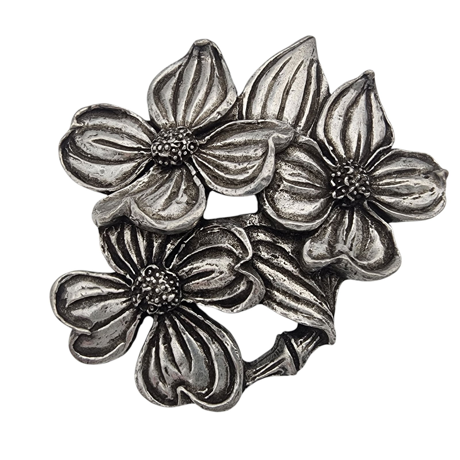 Signed Artisan Pewter Flower Brooch: Signed Artisan Pewter Flower Brooch, 21.1g