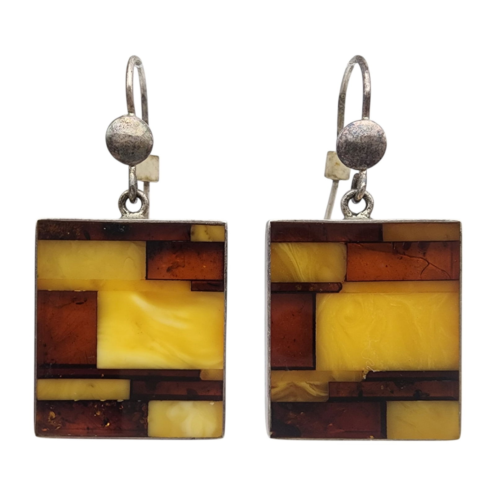 Sterling Amber Window Block Earrings: Gorgeous Sterling Multicolor Amber Window Block Earrings, 8.7g