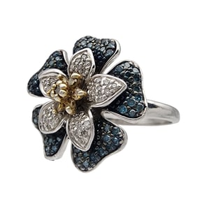 Sterling Silver Blue Diamond Flower Ring Sz 9
