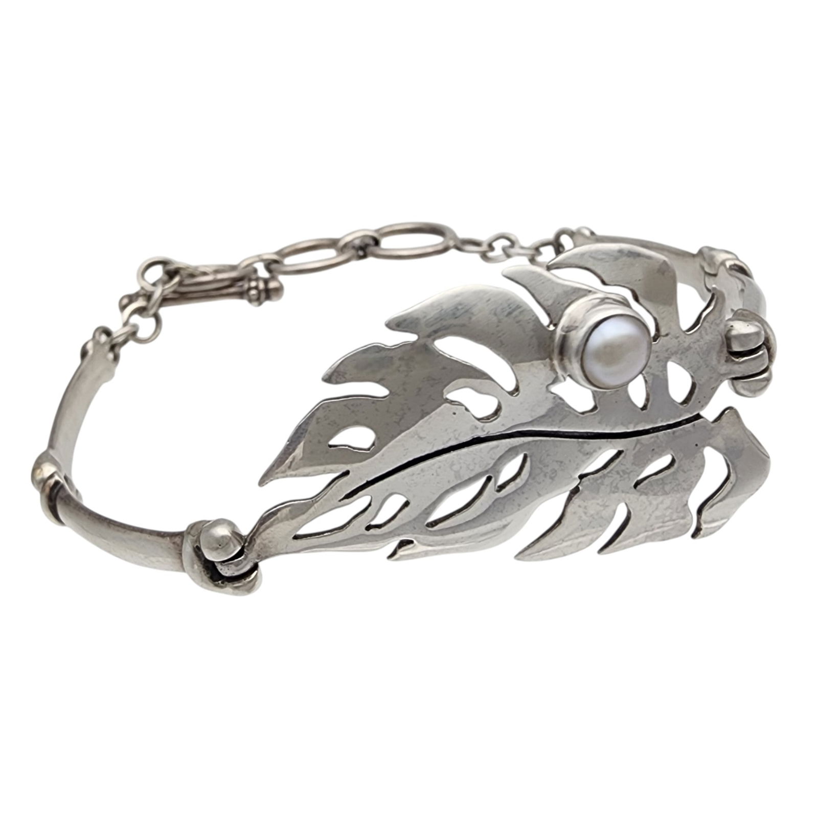 Signed Sterling Pearl Monstera Leaf Bracelet (1 of 8)