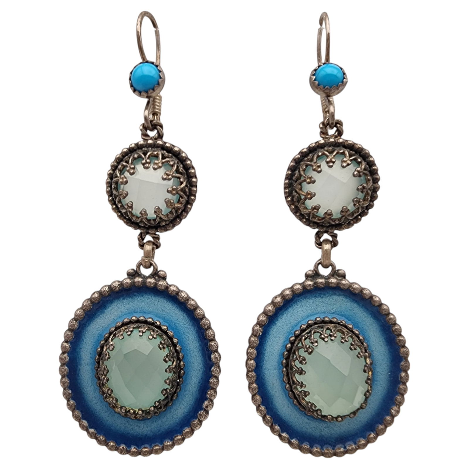 Vintage Sterling Enamel and Quartz Disc Earrings: Vintage Sterling Enamel and Quartz Disc Earrings, 17.2g