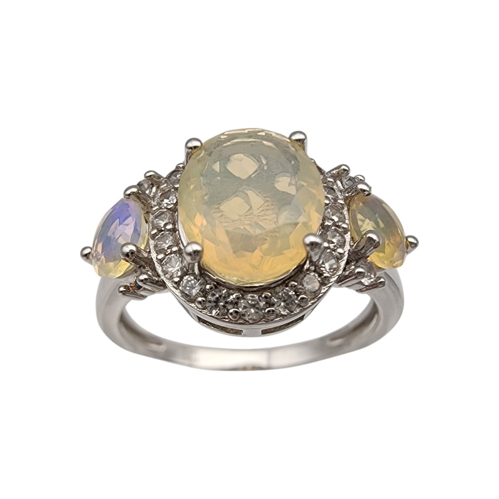 Sterling Silver Opal and Spinel Ring Sz 10: Sterling Silver Opal and Clear Spinel Ring Sz 10, 4.3g