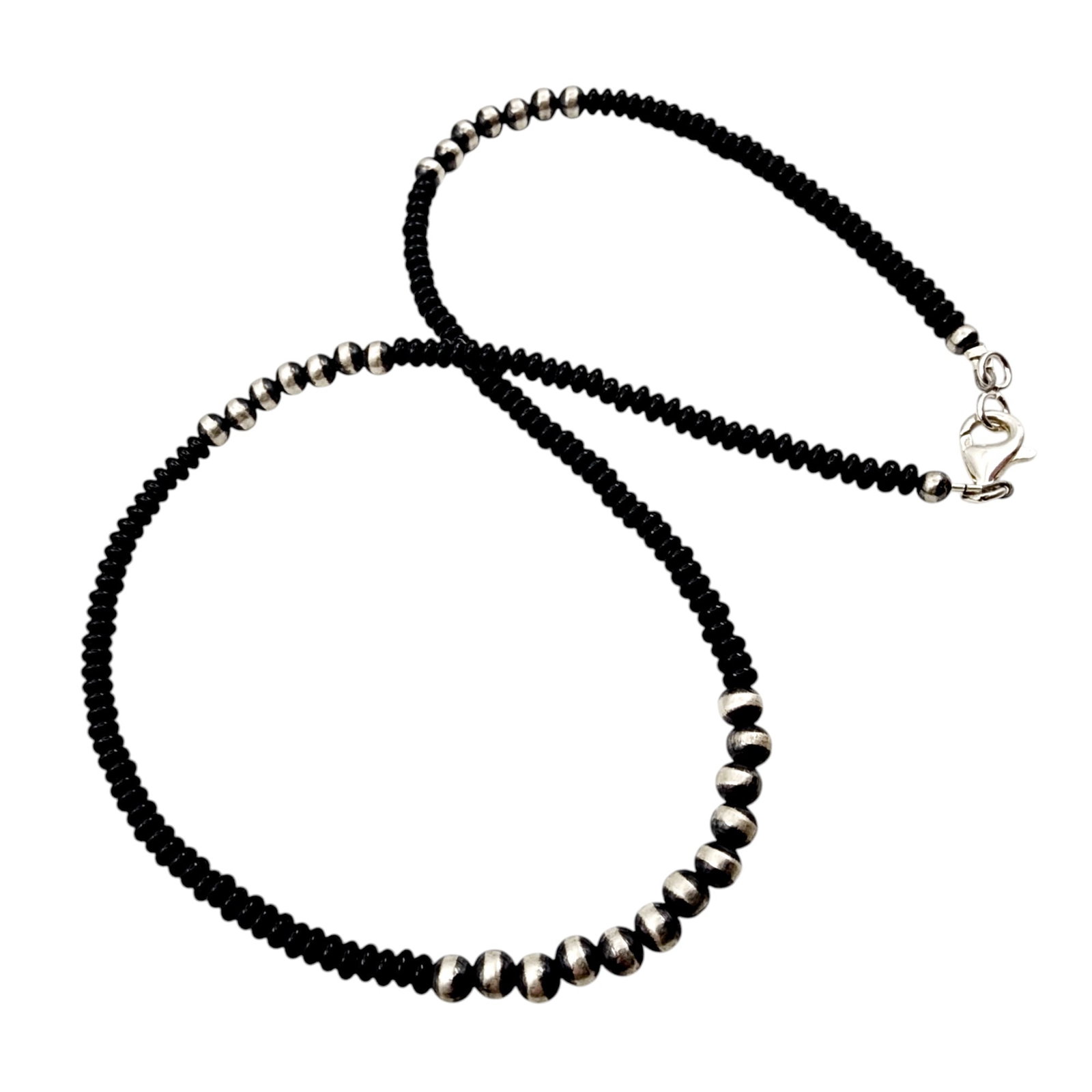 Sterling Southwestern Oxidized Bead and Onyx Necklace: Sterling Southwestern Oxidized Bead and Onyx Necklace, 15.3g