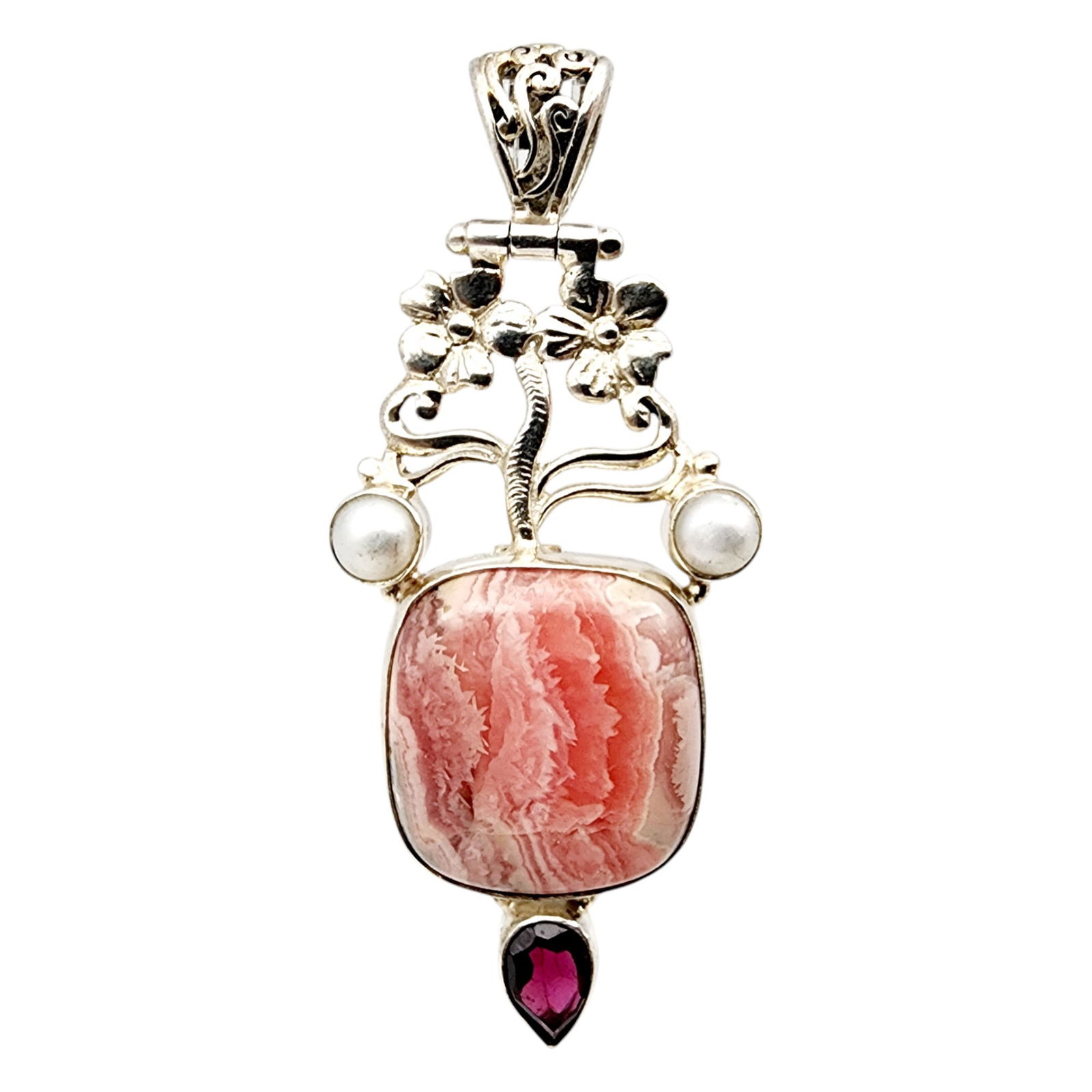 Sterling Rhodochrosite Garnet Pearl Pendant: Sterling Rhodochrosite Garnet Pearl Pendant 11.2g