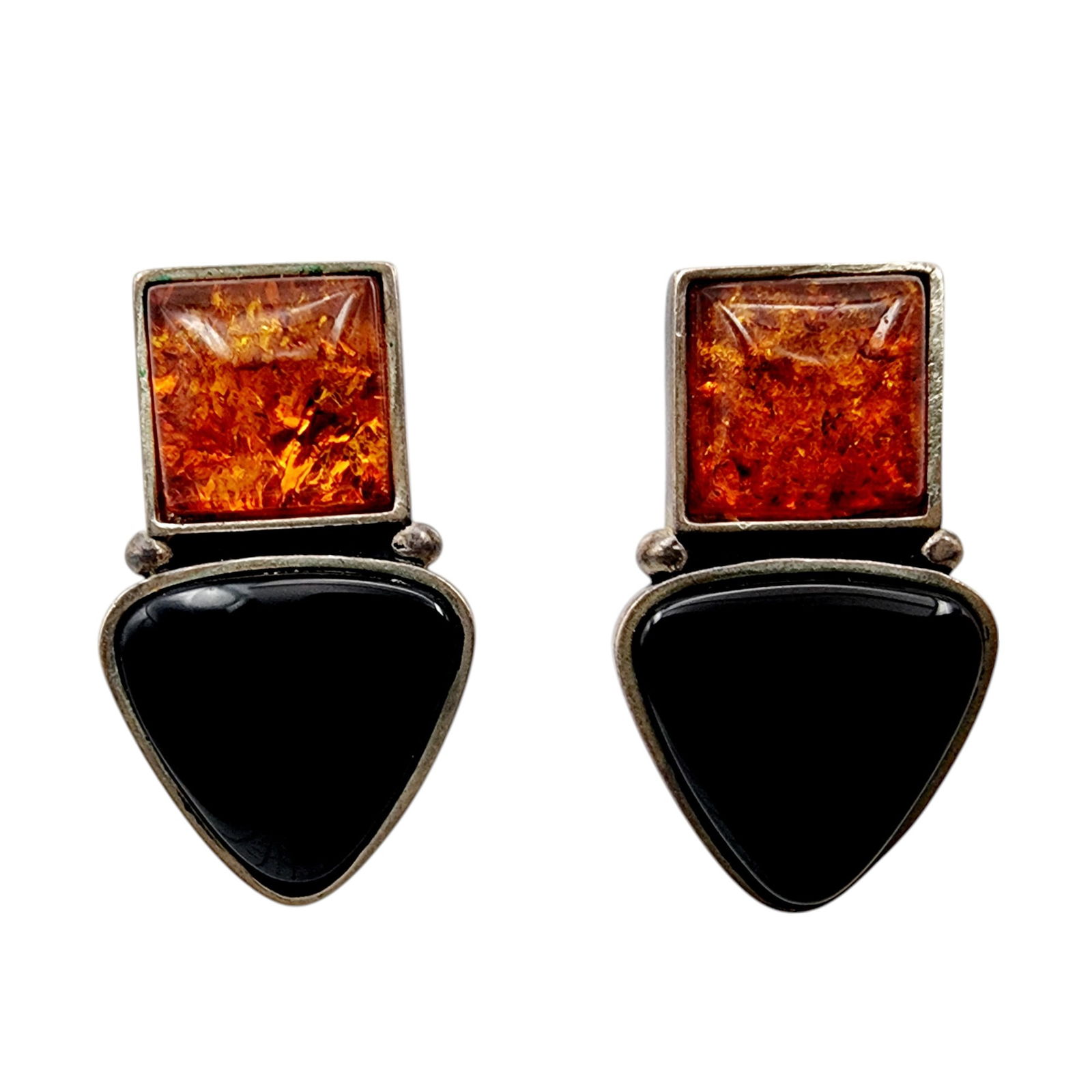 Vintage Signed Sterling Amber Onyx Hinge Earrings: Vintage Signed 'CDI' Sterling Amber Onyx Hinge Earrings 10.9g