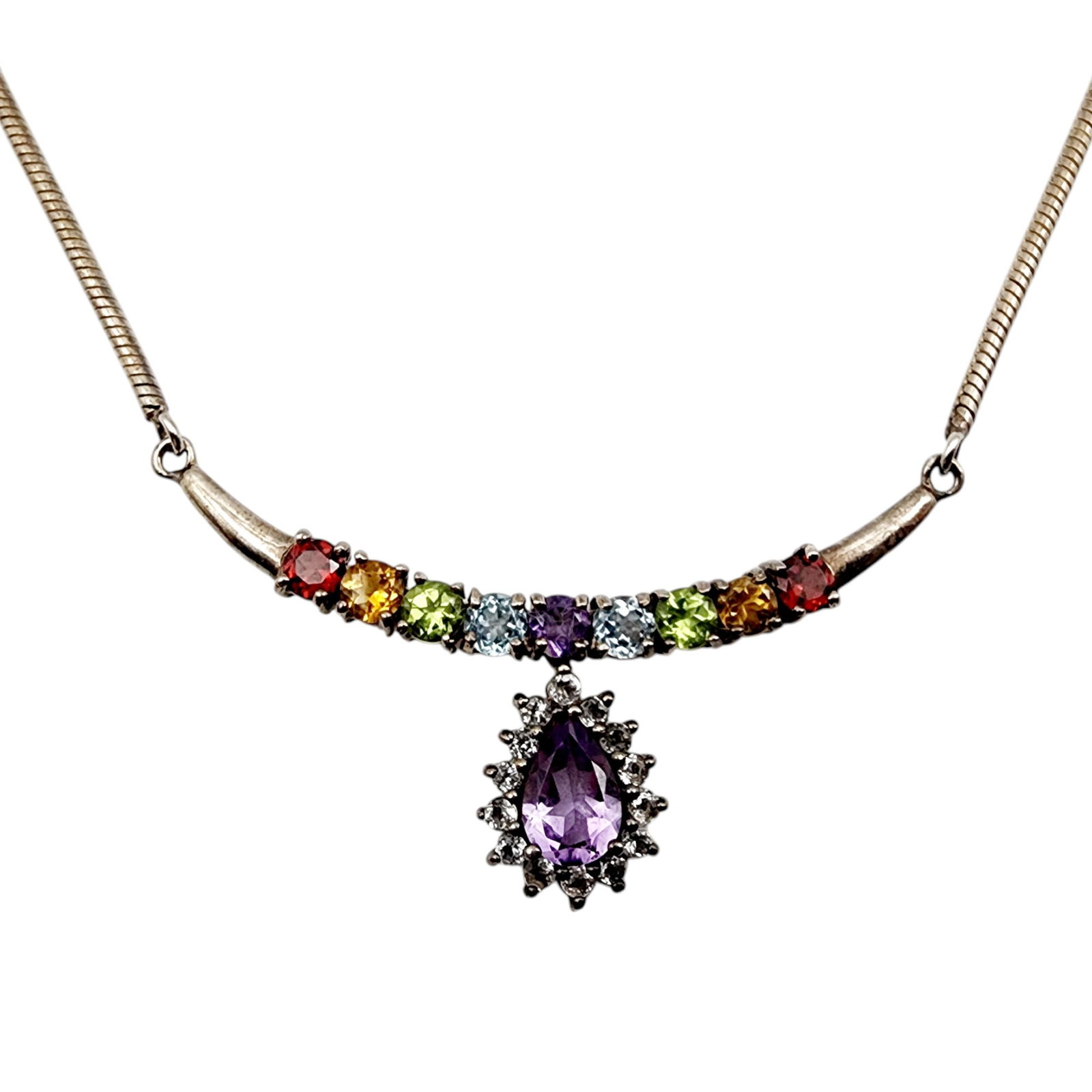 Sterling Multistone Necklace: Sterling Multistone Necklace 15.3g - topaz, peridot, garnet, citrine, amethyst, spinel, etc