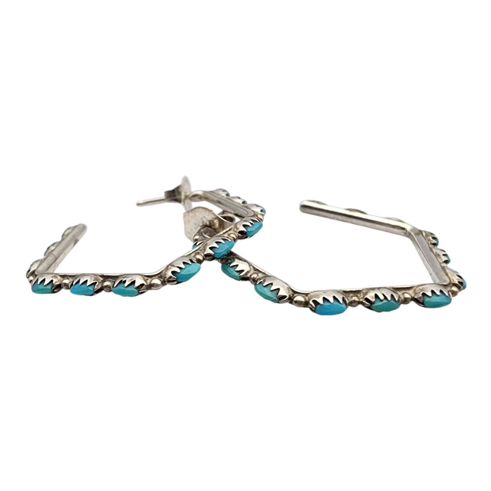 Sterling Southwestern Turquoise Needlepoint Hoop Earrings: Sterling Southwestern Turquoise Needlepoint Hoop Earrings 2.4g