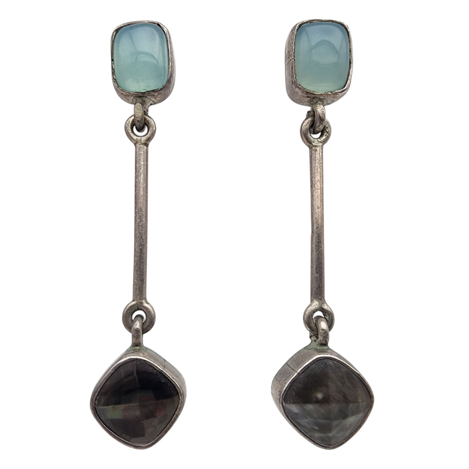 Sterling Chalcedony and Shell Dangle Earrings: Sterling Chalcedony and Shell Dangle Earrings, 15.4g