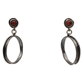 Signed Artisan Sterling Garnet Hammered Hoop Earrings