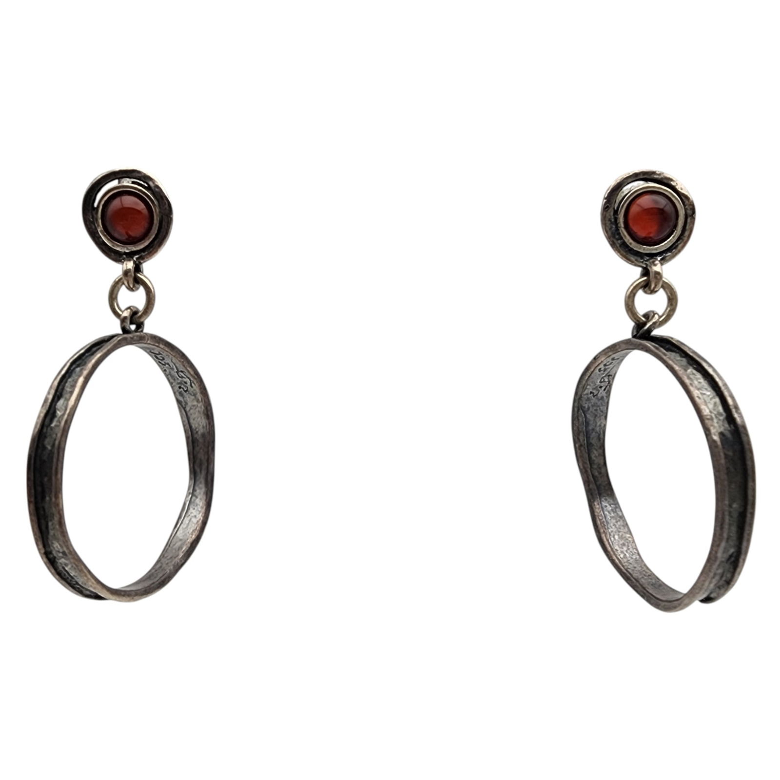 Signed Artisan Sterling Garnet Hammered Hoop Earrings (1 of 5)
