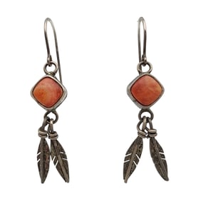 Southwest Sterling Coral Feather Earrings