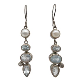 Sterling Silver Aquamarine and Pearl Dangle Earrings