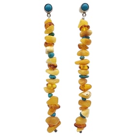 Southwestern Sterling Amber and Turquoise Chip Earrings