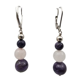 Sterling Rose Quartz Charoite Earrings