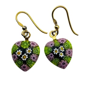 Sterling Millefiori Heart Dangle Earrings, 4.36 G