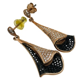 Sterling Pave Black And White Stones Leaf Dangle Earrings, 4.81 G