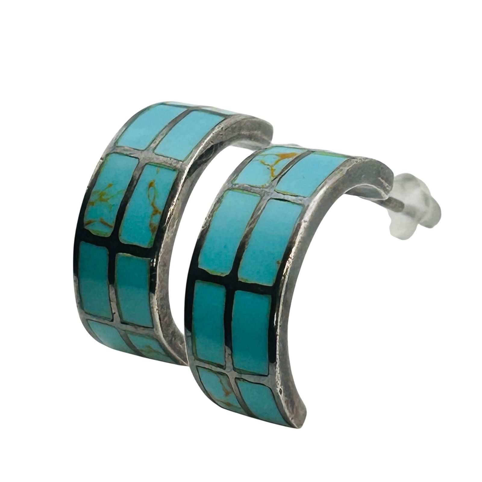 Southwest Inlay Turquoise Sterling Half Hoop Earrings 3.99g (1 of 6)
