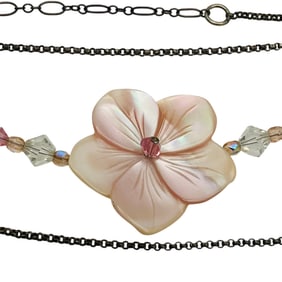 MOTHER OF PEARL Sterling Flower Pendant, Beaded Rolo Chain Necklace, 6.42 G