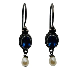 Pearl Sterling Blue Stone Dangle Earrings 1.7 G