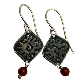 Sterling Red Stone Unique Design Dangle Earrings, 1.94 G