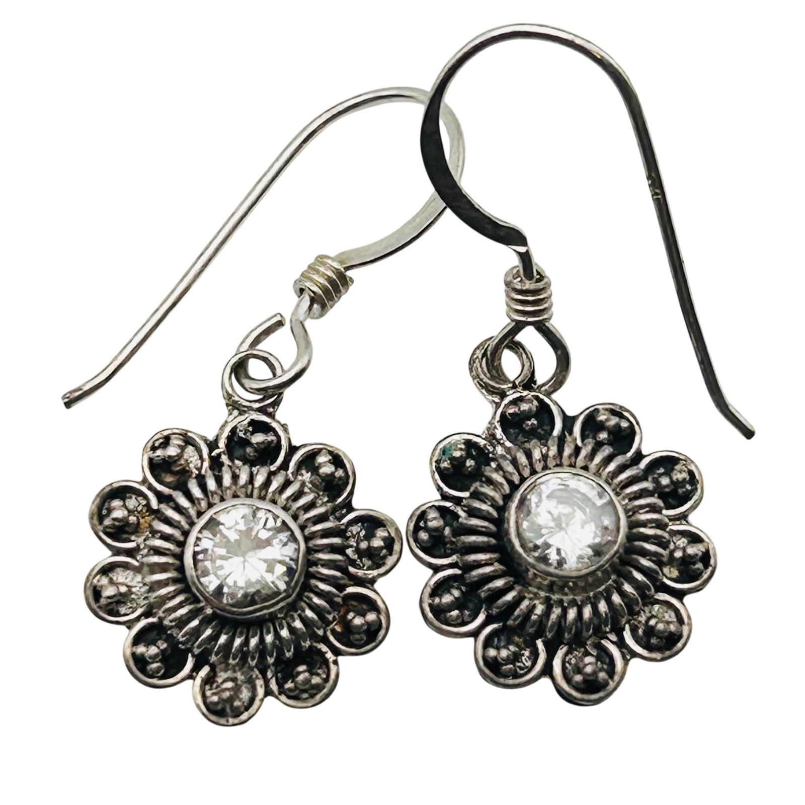 Rhinestone Sterling Flower Dangle Earrings 2.08 G (1 of 5)