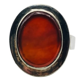Sterling Orange Stone Oval Statement Ring, Size 6.5, 5.21 G