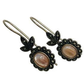 A, MARCASITE, MOTHER OF PEARL Sterling Floral Design Drop Earrings, 4.03 G