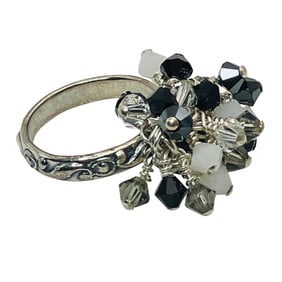 Sterling Clear, White And Black Stone Dangle, Decorative Band Ring, Unknown Marking, Size 6, 6.27 G