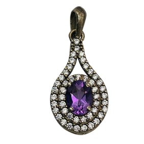 AMETHYST Sterling Clear Stone Halo Teardrop Pendant, 3.70 G