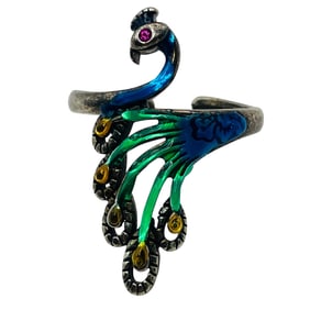 Enamel, Pink SPINEL Sterling Peacock Disconnected Ring, Size 7, 2.65 G
