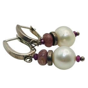 PEARL, Pink TOURMALINE Sterling Dangle Earrings 6.04 G