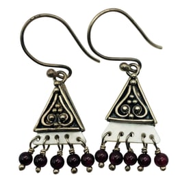 MOTHER OF PEARL, Purple Stone Sterling Triangle Dangle Earrings, 3.90 G