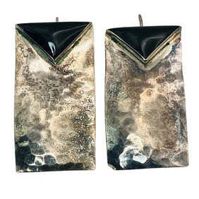 Sterling Black Stone Triangle Textured Rectangle Earrings, 7.85 G